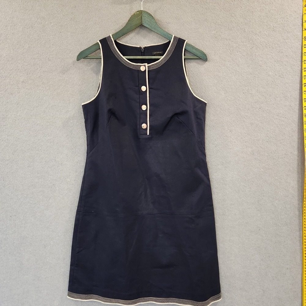 Ann Taylor Black Label Dress 8 Navy Blue Sleeveless Gold Buttons Hidden Zipper